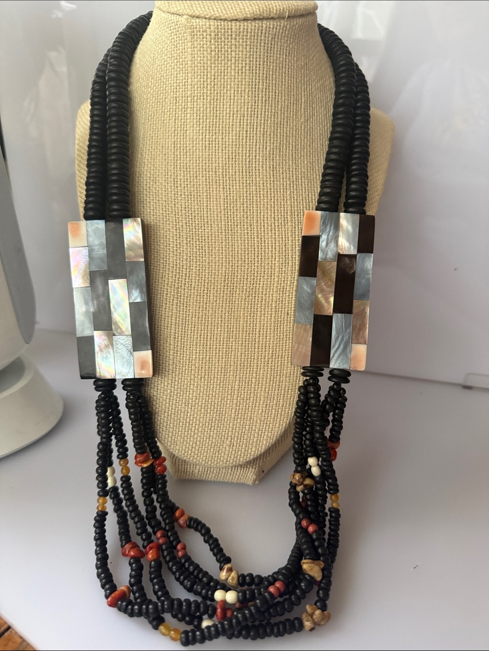 Black Beaded Multi-Strand Necklace with Mother-of-Pearl Accents